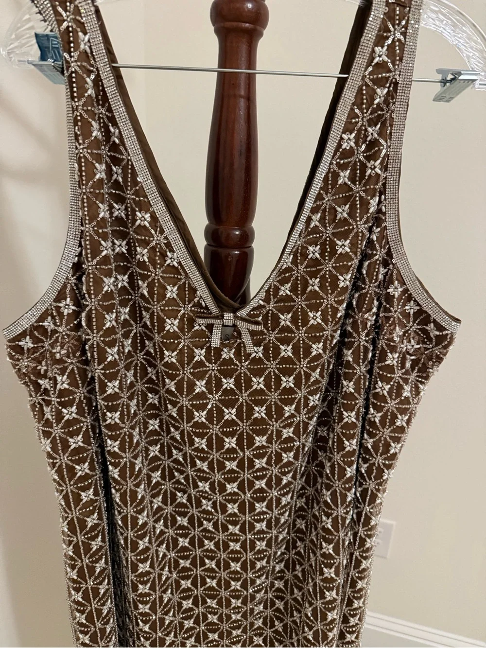 SAYLOR Brown Embroidered V‑Neck Chemise with Contrast Trim